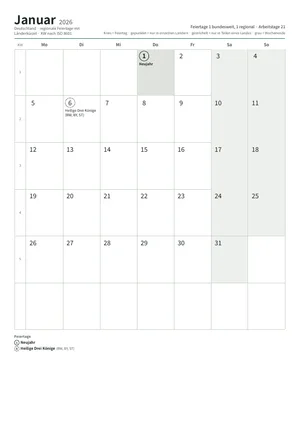 Erste Seite: Monatskalender, A4 Hochformat, 12 Seiten (ca. 170 KB)