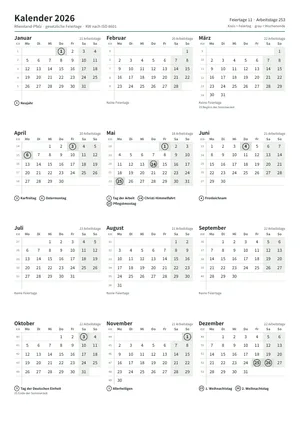Erste Seite: Jahreskalender, A4 Hochformat, 1 Seite (ca. 65 KB)