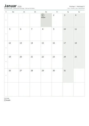 Erste Seite: Monatskalender, A4 Hochformat, 12 Seiten (ca. 91 KB)