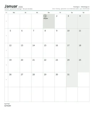Erste Seite: Monatskalender, A4 Hochformat, 12 Seiten (ca. 97 KB)