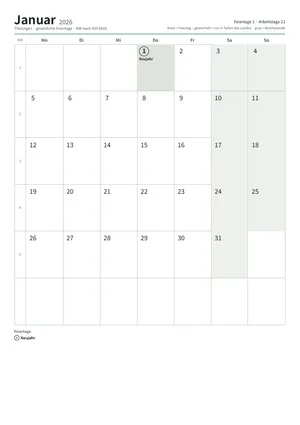 Erste Seite: Monatskalender, A4 Hochformat, 12 Seiten (ca. 97 KB)