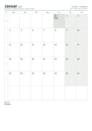 Erste Seite: Monatskalender, A4 Hochformat, 12 Seiten (ca. 92 KB)