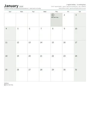 First page: Monthly calendar, Letter (12 pages)