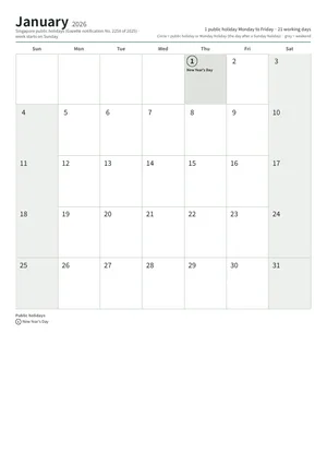 First page: Monthly calendar, A4 (12 pages)