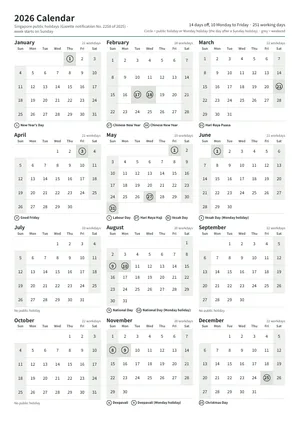 First page: Year calendar, A4 portrait