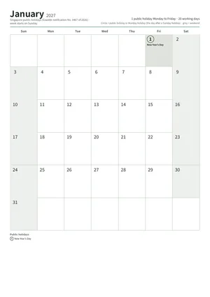 First page: Monthly calendar, A4 (12 pages)