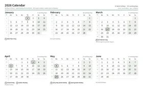 First page of the half-year calendar, A4 landscape (A4 landscape · 2 pages · about 70 KB)