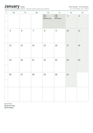 First page of the monthly calendar, A4 portrait (A4 portrait · 12 pages · about 95 KB)