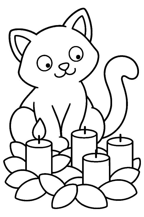 Ausmalbild Advent & Adventskranz: Katze neben dem Adventskranz, eine Kerze brennt