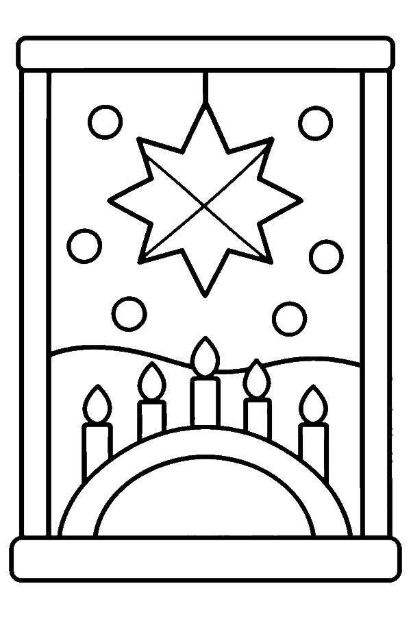 Ausmalbild Advent & Adventskranz: Schwibbogen und Papierstern im Fenster