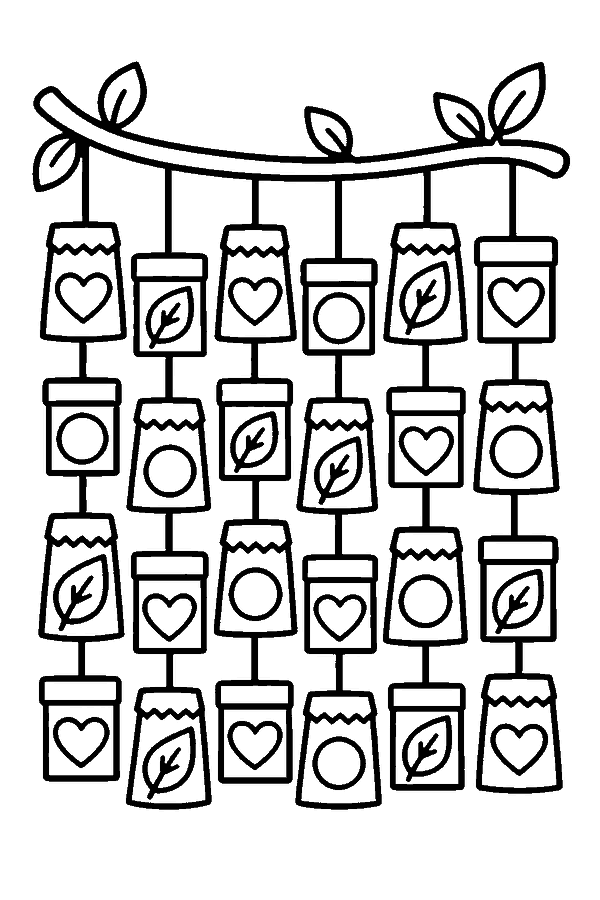 Ausmalbild Advent & Adventskranz: Adventskalender aus kleinen Tüten und Schachteln an einem Zweig