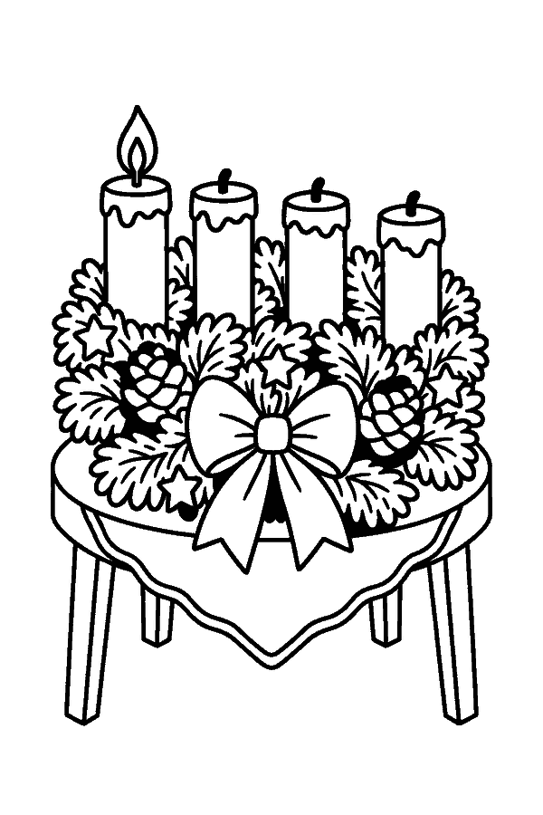 Ausmalbild Advent & Adventskranz: Adventskranz zum 1. Advent – eine Kerze brennt
