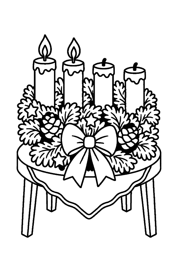 Ausmalbild Advent & Adventskranz: Adventskranz zum 2. Advent – zwei Kerzen brennen