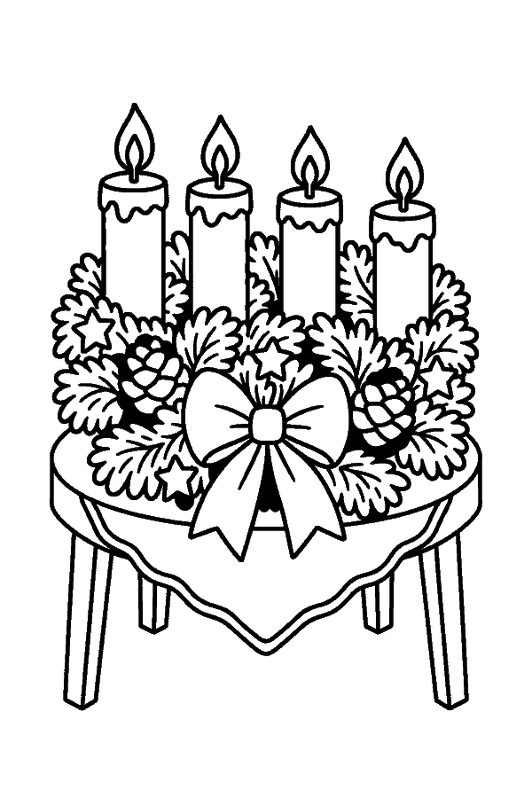 Ausmalbild Advent & Adventskranz: Adventskranz zum 4. Advent – alle vier Kerzen brennen
