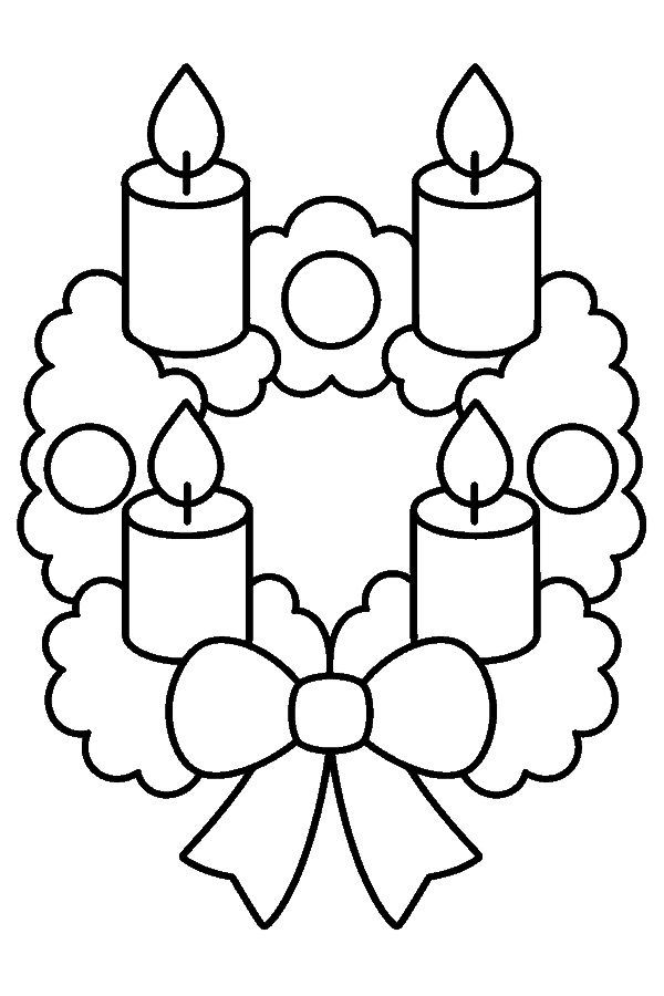 Ausmalbild Advent & Adventskranz: Adventskranz mit vier Kerzen und Schleife