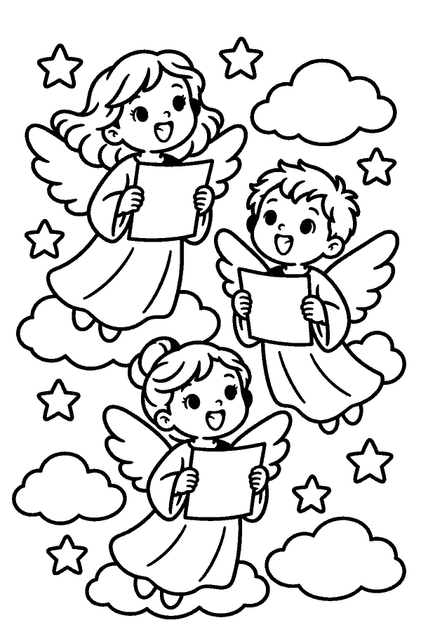 Ausmalbild Engel & Krippe: drei kleine Engel singen zwischen Sternen und Wolken