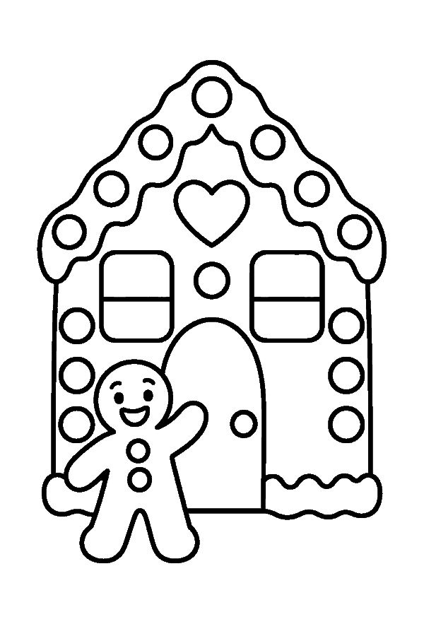 Ausmalbild Lebkuchen & Plätzchen: Lebkuchenhaus mit Zuckerguss, davor ein Lebkuchenmann