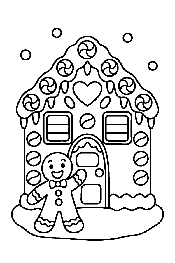 Ausmalbild Lebkuchen & Plätzchen: Lebkuchenhaus mit Süßigkeiten und Eiszapfen, davor ein Lebkuchenmann
