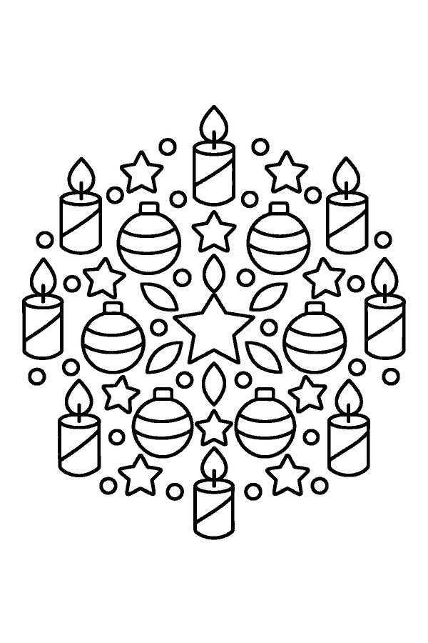 Ausmalbild Weihnachtsmandala: Weihnachtsmandala mit Kerzen, Sternen und Kugeln