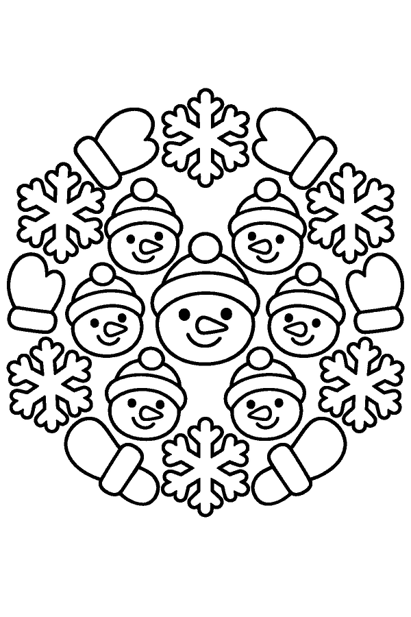 Ausmalbild Weihnachtsmandala: Weihnachtsmandala mit Schneemännern, Handschuhen und Schneeflocken