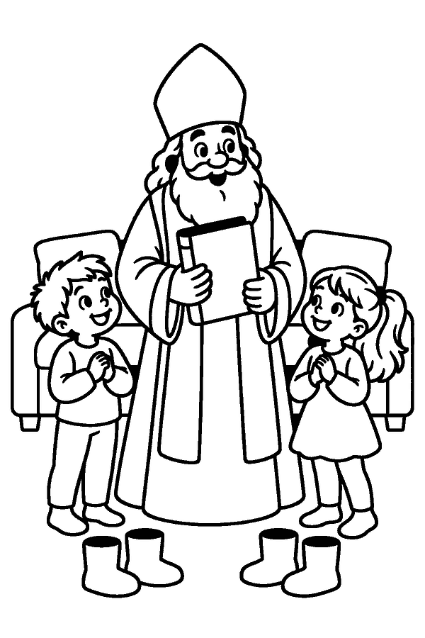 Ausmalbild Nikolaus: Nikolaus mit goldenem Buch besucht zwei Kinder