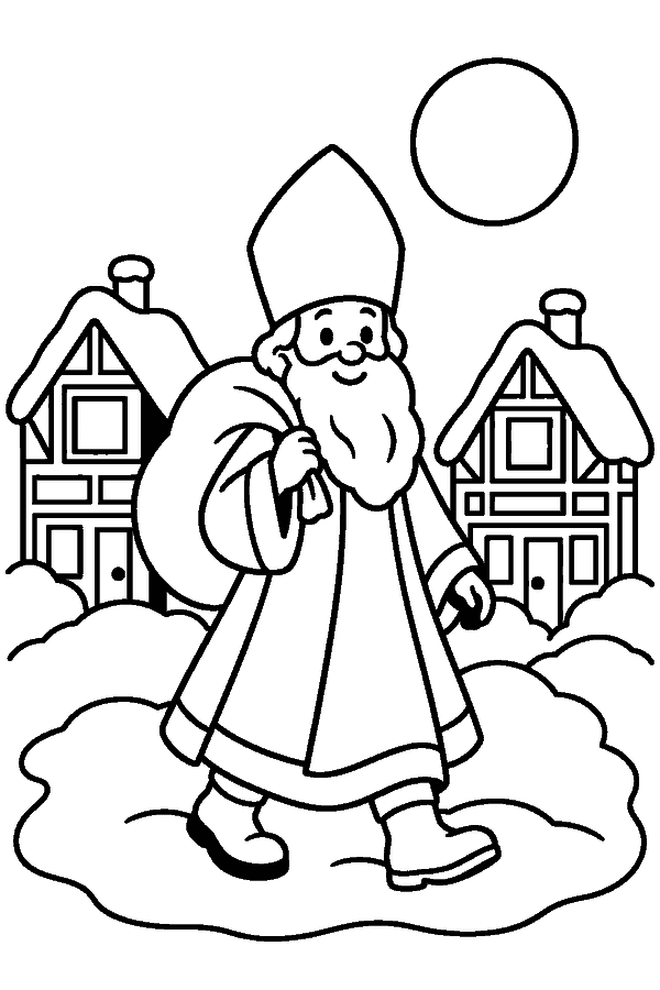 Ausmalbild Nikolaus: Nikolaus geht nachts durch ein verschneites Dorf mit Fachwerkhäusern