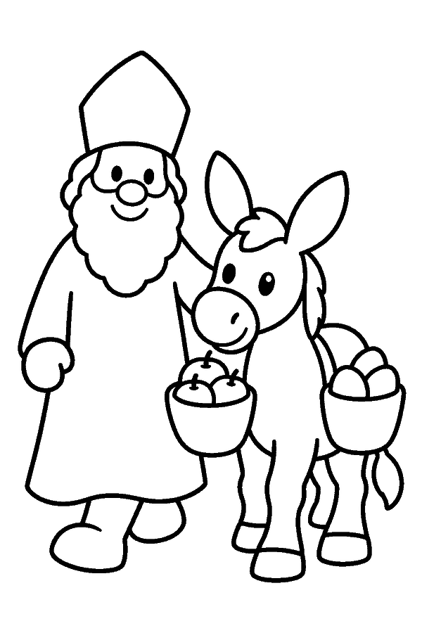 Ausmalbild Nikolaus: Nikolaus mit seinem Esel, der Körbe mit Äpfeln und Nüssen trägt