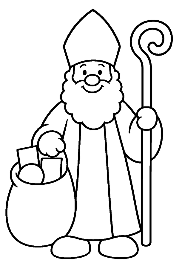 Ausmalbild Nikolaus: Nikolaus mit Mitra, Bischofsstab und Sack