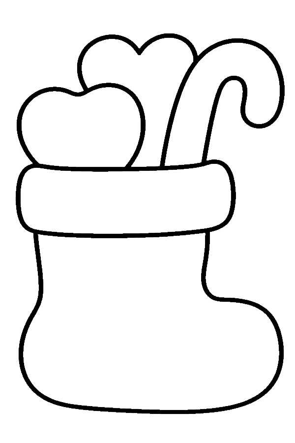 Ausmalbild Nikolaus: großer Nikolausstiefel mit Apfel, Lebkuchenherz und Zuckerstange