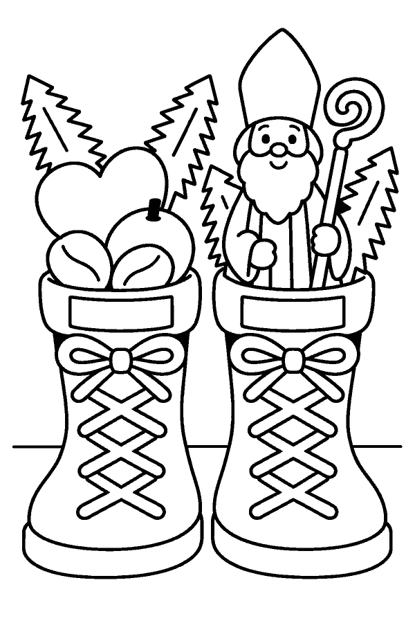 Ausmalbild Nikolaus: zwei Nikolausstiefel mit Apfel, Lebkuchenherz, Tannenzweigen und einer Nikolausfigur