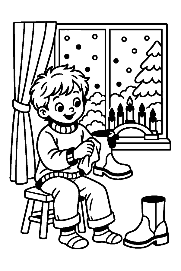 Ausmalbild Nikolaus: Kind putzt am Abend vor Nikolaus die Stiefel