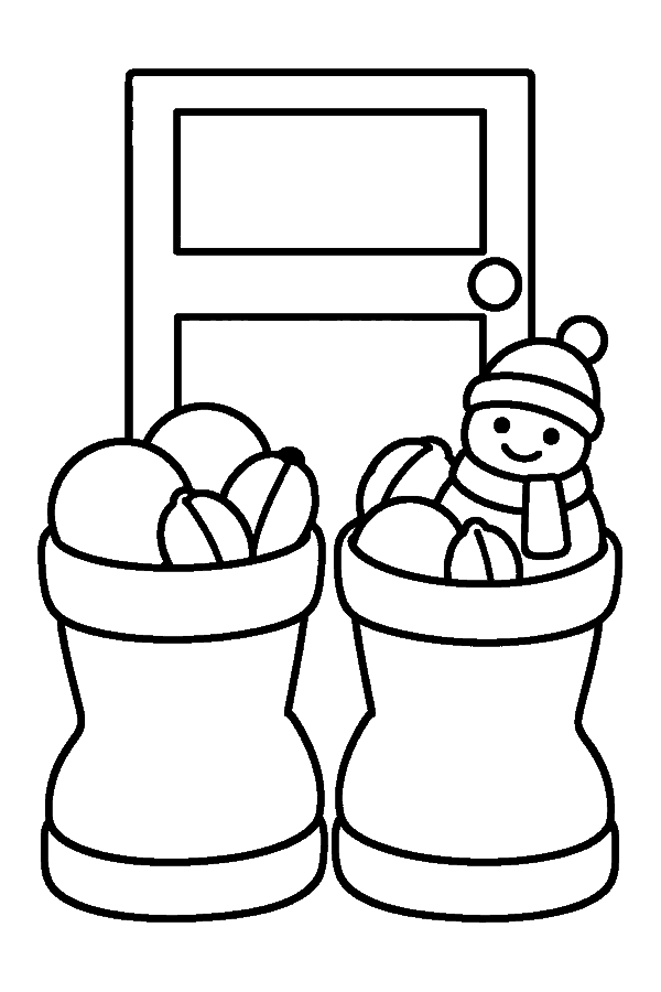 Ausmalbild Nikolaus: zwei gefüllte Stiefel vor der Tür am Nikolausmorgen