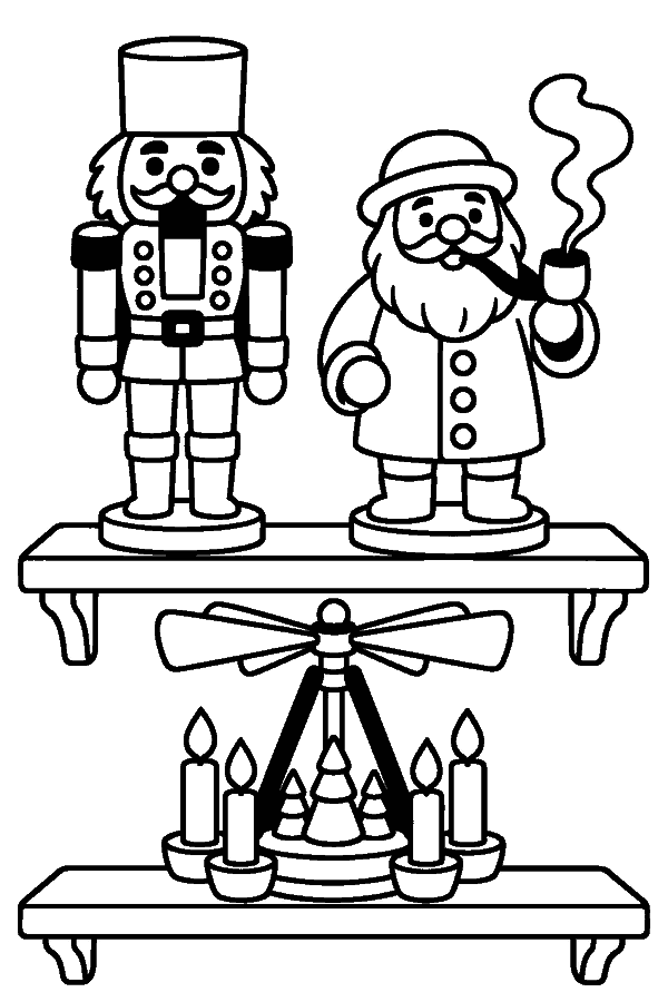 Ausmalbild Nussknacker: Regal mit Nussknacker, Räuchermännchen und kleiner Weihnachtspyramide