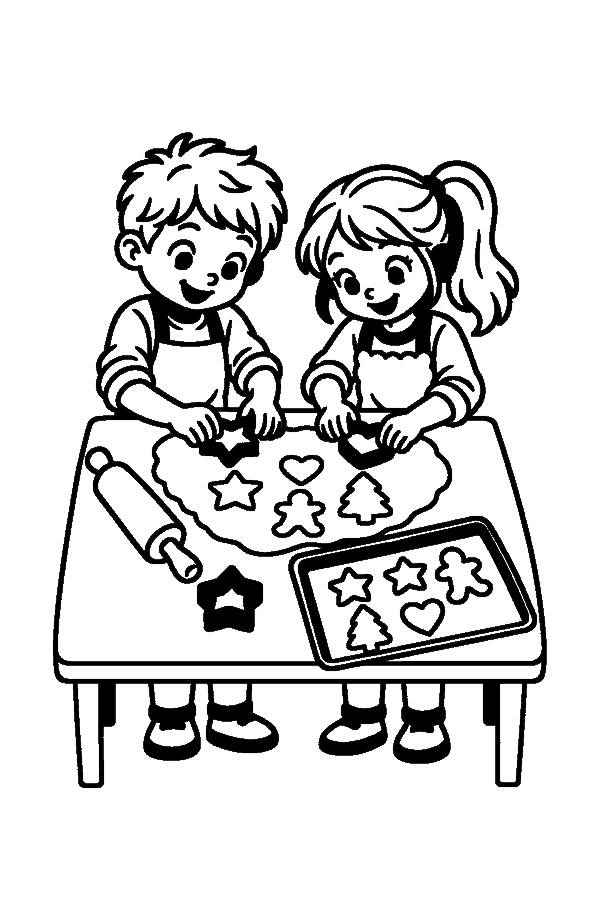 Ausmalbild Lebkuchen & Plätzchen: zwei Kinder stechen am Küchentisch Plätzchen aus