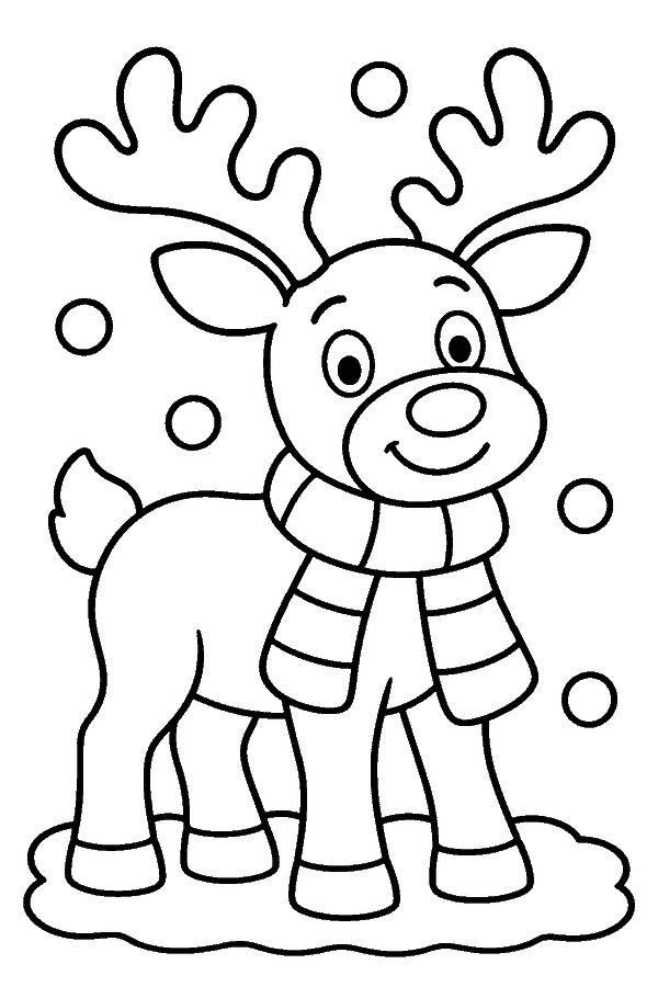Ausmalbild Rentier: Rentier mit Schal im Schnee