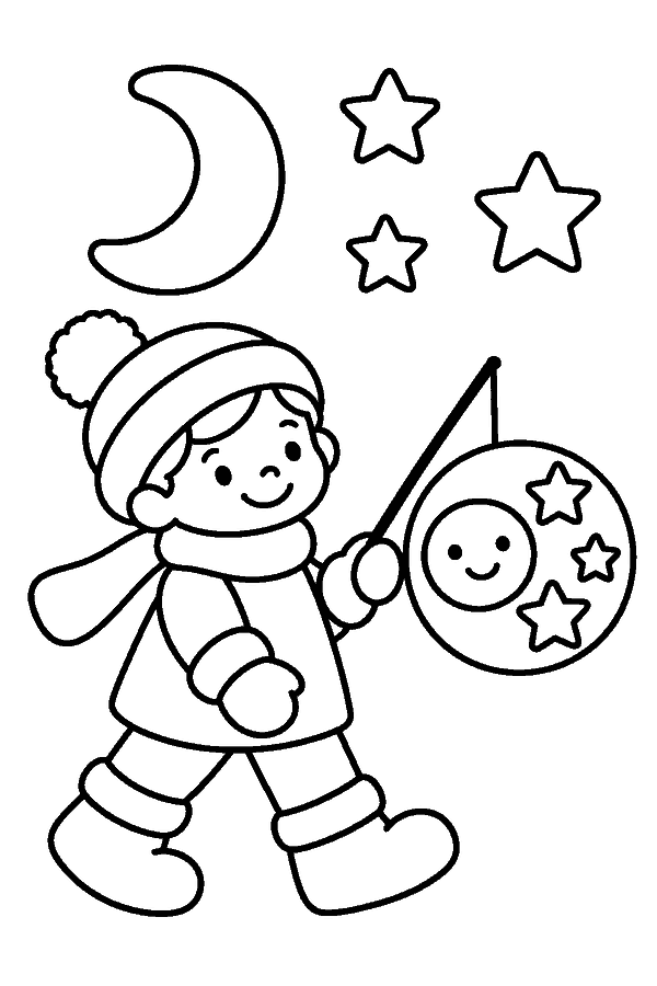 Ausmalbild Sankt Martin: Kind mit Mütze und Schal trägt eine runde Laterne mit Sonnengesicht, darüber Mond und Sterne