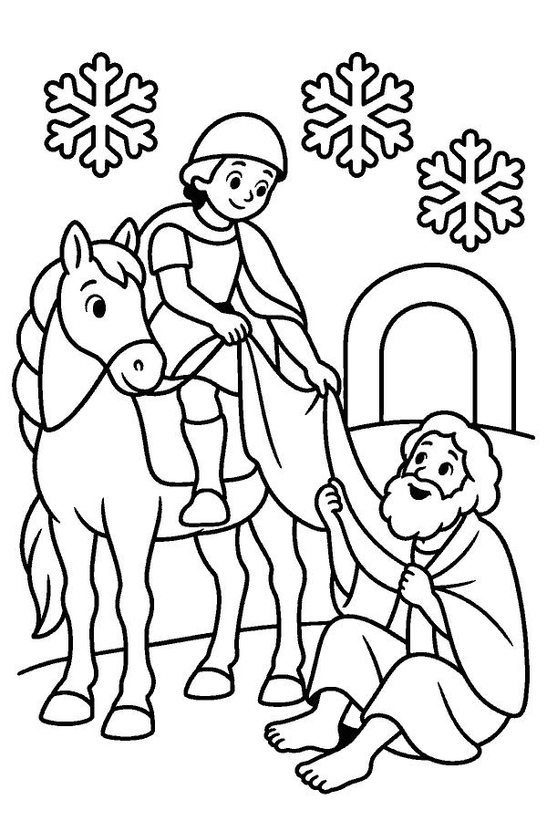Ausmalbild Sankt Martin: Martin auf dem Pferd teilt seinen Mantel mit einem frierenden Bettler, dahinter ein Stadttor und Schneeflocken