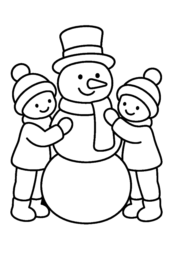 Ausmalbild Schneemann & Schneeflocken: zwei Kinder bauen einen Schneemann