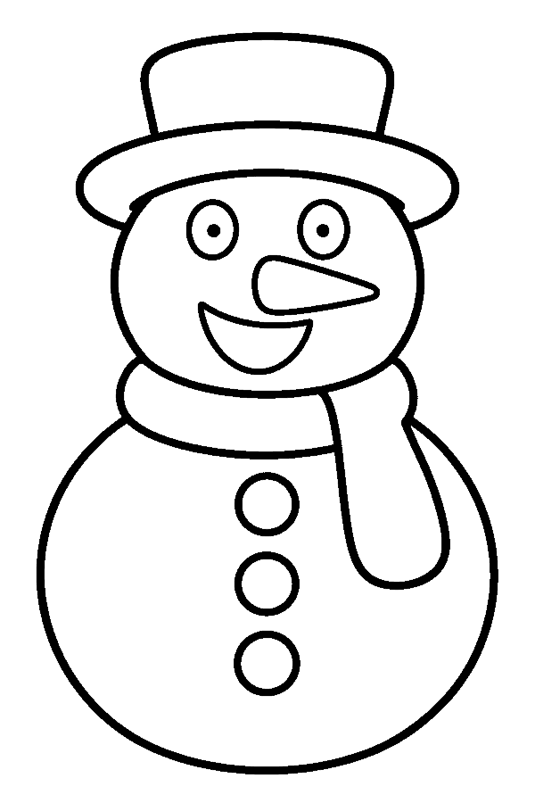 Ausmalbild Schneemann & Schneeflocken: großer Schneemann mit Hut, Karottennase und Schal