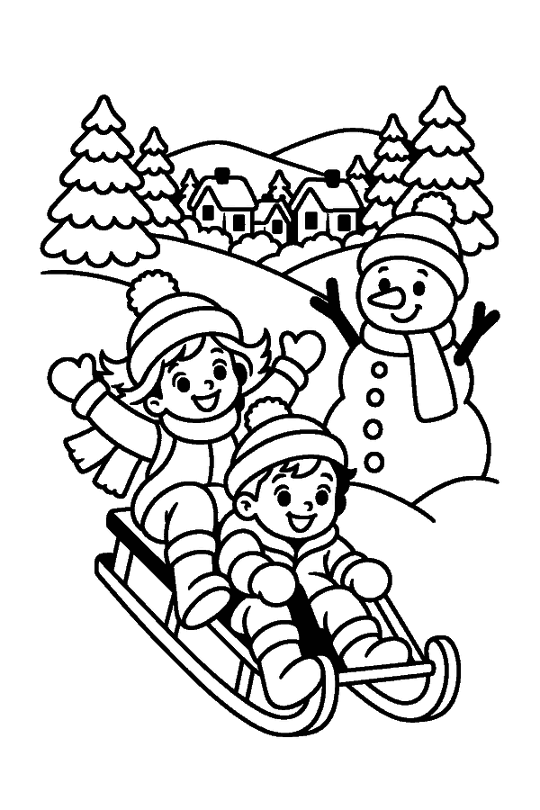 Ausmalbild Schneemann & Schneeflocken: zwei Kinder rodeln den Hügel hinunter, daneben steht ein Schneemann