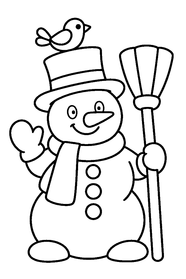 Ausmalbild Schneemann & Schneeflocken: Schneemann mit Besen, auf dem Hut sitzt ein Vogel