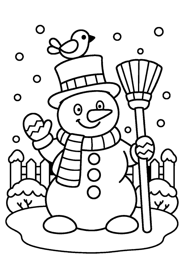Ausmalbild Schneemann & Schneeflocken: Schneemann mit Besen und Vogel im verschneiten Garten