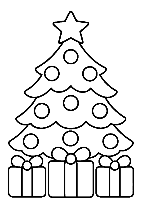 Ausmalbild Weihnachtsbaum: geschmückter Weihnachtsbaum mit Geschenken darunter