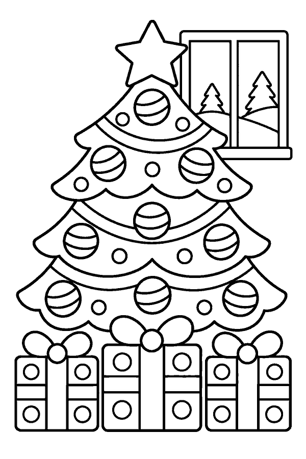 Ausmalbild Weihnachtsbaum: geschmückter Weihnachtsbaum mit Geschenken im Zimmer am Fenster