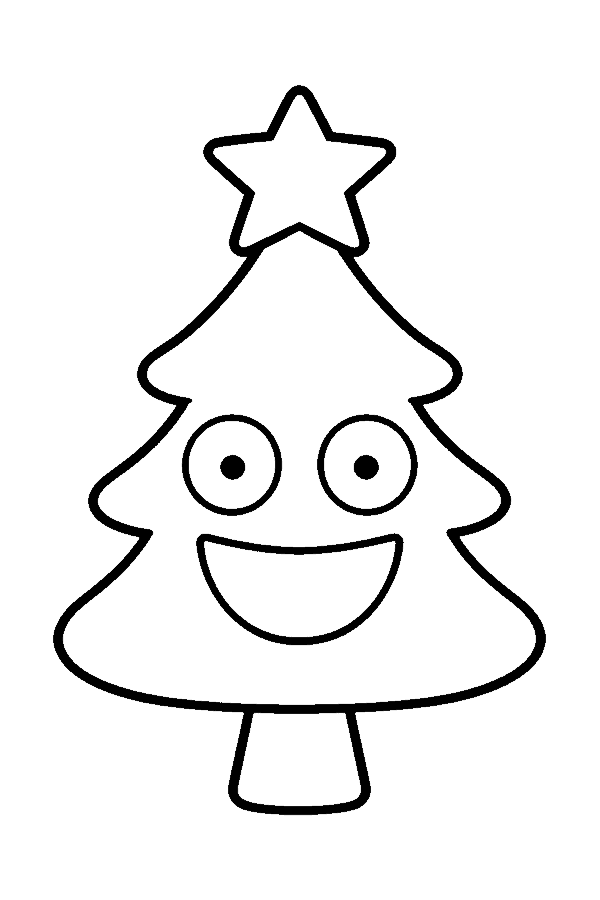 Ausmalbild Weihnachtsbaum: lachender Weihnachtsbaum mit Stern