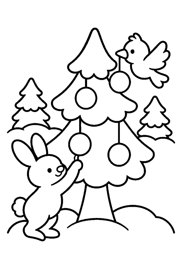 Ausmalbild Weihnachtsbaum: Hase und Vogel schmücken eine Tanne im Schnee