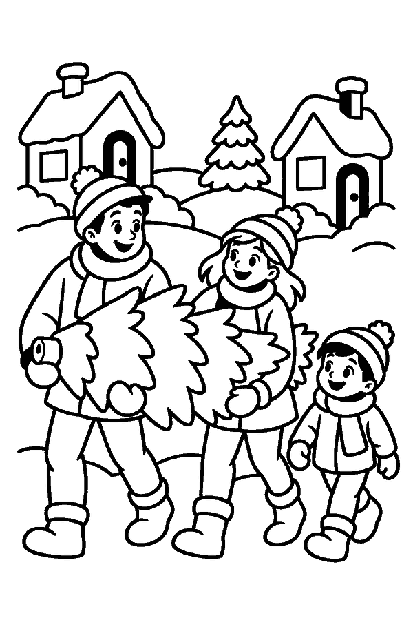 Ausmalbild Weihnachtsbaum: Familie trägt den Weihnachtsbaum durch die verschneite Straße nach Hause