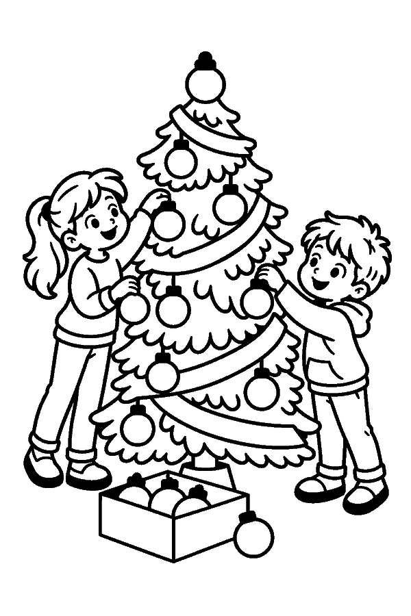 Ausmalbild Weihnachtsbaum: zwei Kinder schmücken den Weihnachtsbaum