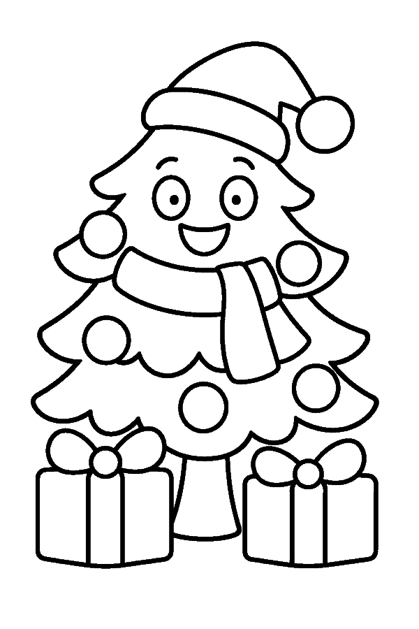 Ausmalbild Weihnachtsbaum: lachender Weihnachtsbaum mit Schal und Mütze, daneben Geschenke
