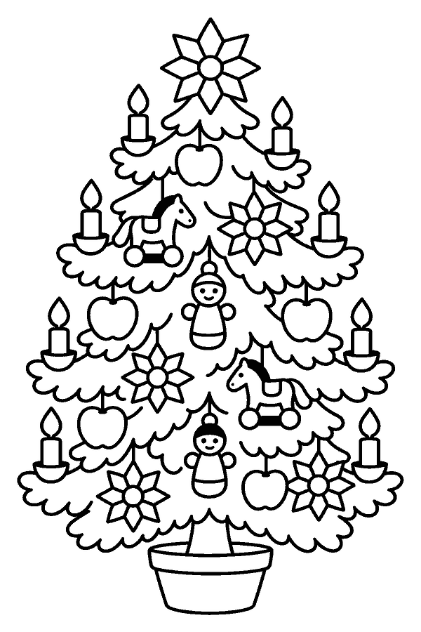 Ausmalbild Weihnachtsbaum: Weihnachtsbaum mit Strohsternen, Äpfeln und Holzfiguren